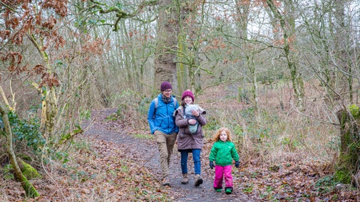 A family walking through woodland in winter at Acorn Bank, Cumbria